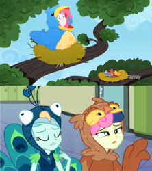 Size: 683x768 | Tagged: safe, imported from derpibooru, screencap, bon bon, constance, lyra heartstrings, pinkie pie, sweetie drops, bird, all's fair in love and friendship games, eqg summertime shorts, equestria girls, the art of friendship, animal costume, bird costume, bird nest, bon bon is not amused, bon owl, chickadee (bird), clothes, costume, house finch, lyrabird, nest, pinkie birdie, sitting in a tree, songbird, tree branch, unamused