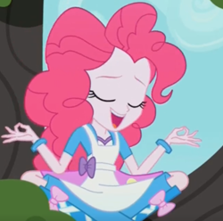 Size: 742x735 | Tagged: safe, imported from derpibooru, screencap, pinkie pie, eqg summertime shorts, equestria girls, the art of friendship, apron, clothes, eyes closed, lotus position, meditating, tree, zen