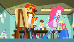 Size: 1366x768 | Tagged: safe, imported from derpibooru, screencap, apple bloom, pinkie pie, sunset shimmer, wiz kid, eqg summertime shorts, equestria girls, the art of friendship, annoyed, apron, clothes, covering, drum sticks