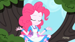 Size: 1366x768 | Tagged: safe, imported from derpibooru, screencap, pinkie pie, eqg summertime shorts, equestria girls, the art of friendship, lotus position, meditating, tree, yoga, zen