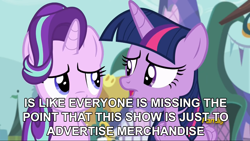 Size: 1280x721 | Tagged: safe, edit, edited screencap, imported from derpibooru, screencap, starlight glimmer, twilight sparkle, alicorn, pony, fame and misfortune, buy our toys, grammar error, image macro, meme, twilight sparkle (alicorn)