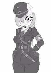 Size: 2332x3297 | Tagged: safe, artist:aryanne, imported from derpibooru, oc, oc only, oc:aryanne, anthro, clothes, dagger, female, gloves, hair over one eye, hand on hip, hat, looking at you, monochrome, nazi, nazi armband, peaked cap, schutzstaffel, simple background, smiling, smirk, solo, swastika, uniform, weapon, white background