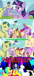 Size: 1920x4320 | Tagged: safe, edit, edited screencap, imported from derpibooru, screencap, amethyst star, caramel, cherry berry, lemon hearts, meadow song, neon lights, rainbowshine, rising star, roseluck, sparkler, twilight sparkle, twilight sparkle (alicorn), alicorn, pony, fame and misfortune, deep fried meme, greentext, image macro, meme, nostalgia critic, screencap comic, south park, south park: bigger longer and uncut, text, vulgar