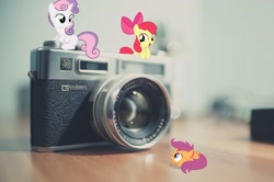 Size: 2726x1805 | Tagged: safe, artist:rustynugget616, imported from derpibooru, apple bloom, scootaloo, sweetie belle, pony, camera, cutie mark crusaders, irl, micro, photo, ponies in real life, tiny ponies