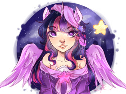 Size: 800x600 | Tagged: safe, artist:pinkymynery2212, imported from derpibooru, twilight sparkle, twilight sparkle (alicorn), alicorn, human, alicorn humanization, clothes, female, horned humanization, humanized, looking at you, night, smiling, solo, stars, winged humanization, wings