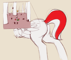 Size: 1280x1089 | Tagged: safe, artist:marsminer, imported from derpibooru, oc, oc only, oc:peppermint pattie, pony, butt, christmas, christmas tree, female, flank, fleas, flesh, fur, holiday, inside coat, party, plot, present, solo, stars, tail, tree, wat, zoomed in