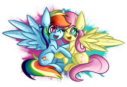 Size: 2368x1621 | Tagged: safe, artist:nekro-led, imported from derpibooru, fluttershy, rainbow dash, pegasus, pony, fame and misfortune, abstract background, cutie mark, eyes closed, female, hug, simple background, sitting, transparent background