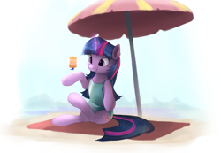 Size: 1139x787 | Tagged: safe, artist:vanillaghosties, imported from derpibooru, twilight sparkle, alicorn, pony, beach, beach umbrella, clothes, cute, female, magic, mare, one-piece swimsuit, smiling, solo, sunscreen, swimsuit, twiabetes, twilight sparkle (alicorn)