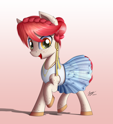 Size: 2500x2727 | Tagged: safe, artist:duskie-06, imported from derpibooru, oc, oc only, oc:solange, earth pony, pony, clothes, commission, female, freckles, gradient background, looking at you, mare, open mouth, raised hoof, see-through, shirt, signature, simple background, skirt, skirt lift, smiling, solo, transparent