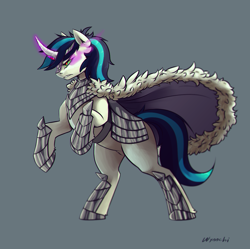 Size: 1436x1428 | Tagged: safe, artist:wynnchi, imported from derpibooru, shining armor, pony, unicorn, armor, corrupted shining armor, crown, curved horn, dark magic, jewelry, king shadow armor, king shining sombra, magic, male, possessed, rearing, regalia, shadow armor, simple background, solo, sombra eyes, stallion