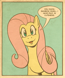 Size: 637x764 | Tagged: safe, artist:regularmouseboy, imported from derpibooru, fluttershy, pony, comic, cute, female, looking at you, old school, remake, retro, simple background, solo, speech bubble, vintage