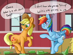 Size: 1600x1200 | Tagged: safe, artist:passigcamel, imported from derpibooru, applejack, rainbow dash, earth pony, pegasus, pony, barn, blushing, bottle, cowboy hat, dialogue, drunk, drunker dash, female, hat, implied appledash, implied lesbian, implied shipping, mare, multicolored hair, smiling, stetson