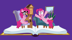 Size: 7680x4320 | Tagged: safe, artist:frownfactory, imported from derpibooru, pinkie pie, earth pony, pony, fame and misfortune, .svg available, absurd resolution, blue eyes, book, chair, clock, couch, cutie mark, disguise, fake glasses, female, glasses, mare, pink coat, pink hair, pink mane, pink tail, pinkiatrist, psychiatrist, sitting, svg, vector, wallpaper