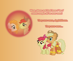 Size: 504x426 | Tagged: safe, artist:verve, imported from derpibooru, apple bloom, applejack, bright mac, pear butter, earth pony, genie, pony, ain't never had friends like us, the perfect pear, armband, ask, brightbutter, female, flashback, gradient background, headband, leg brace, looking up, male, mare, portal, shipping, stallion, straight, tumblr