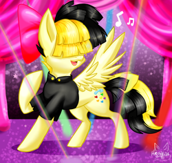 Size: 4074x3848 | Tagged: safe, artist:hiro-uzumaki, imported from derpibooru, songbird serenade, pegasus, pony, my little pony: the movie, absurd resolution, clothes, female, mare, music notes, raised hoof, singing, smiling, solo