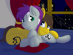 Size: 4298x3264 | Tagged: safe, artist:melodis, imported from derpibooru, oc, oc only, oc:wyvern writer, earth pony, pony, bed, couple, cuddling, gay, male, skyline