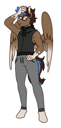 Size: 589x1227 | Tagged: safe, artist:redxbacon, imported from derpibooru, oc, oc only, oc:playthrough, anthro, pegasus, unguligrade anthro, anthro oc, clothes, commission, folded wings, glasses, hand on head, hand on hip, hoodie, male, pants, simple background, solo, stallion, sweatpants, white background