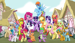 Size: 3500x2000 | Tagged: safe, artist:arteses-canvas, imported from derpibooru, apple bloom, applejack, big macintosh, carrot cake, cup cake, fluttershy, granny smith, mayor mare, pinkie pie, rainbow dash, rarity, scootaloo, snails, snips, spike, starlight glimmer, sweetie belle, twilight sparkle, zecora, alicorn, dragon, earth pony, pegasus, pony, unicorn, zebra, cutie mark crusaders, intro, mane seven, mane six, ponyville, scene interpretation, theme song, twilight sparkle (alicorn), uncanny valley