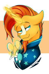 Size: 1280x1920 | Tagged: safe, artist:noxartbox, deleted from derpibooru, imported from derpibooru, sunburst, pony, unicorn, bust, glasses, magic, male, portrait, solo, stallion