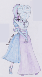 Size: 966x1773 | Tagged: safe, artist:marta4708, imported from derpibooru, starlight glimmer, trixie, equestria girls, clothes, dress, female, kissing, lesbian, shipping, startrix, traditional art