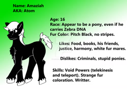 Size: 1280x903 | Tagged: safe, artist:thiefdsaara1, artist:thomas tesla, imported from derpibooru, oc, oc only, oc:amaziah aka atom, earth pony, pony, zebra, chest fluff, gradient background, reference sheet, solo, tail wrap, unshorn fetlocks, watermark