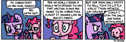 Size: 650x222 | Tagged: safe, artist:foudubulbe, imported from derpibooru, pinkie pie, twilight sparkle, alicorn, pony, fame and misfortune, comic, dialogue, drama, meta, mouthpiece, scene interpretation, twilight sparkle (alicorn), vulgar