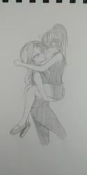 Size: 480x960 | Tagged: safe, artist:carolime tsukino, imported from derpibooru, sci-twi, sunset shimmer, twilight sparkle, equestria girls, carrying, female, lesbian, scitwishimmer, shipping, sunsetsparkle, traditional art