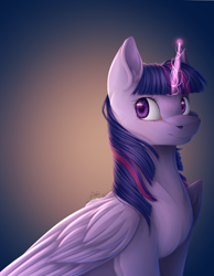 Size: 2900x3743 | Tagged: safe, artist:vavaig69, imported from derpibooru, twilight sparkle, alicorn, pony, bust, cute, ear fluff, female, fluffy, glowing horn, gradient background, high res, leg fluff, looking at you, magic, mare, portrait, shoulder fluff, signature, sitting, smiling, solo, twiabetes, twilight sparkle (alicorn), wing fluff