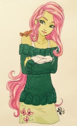 Size: 791x1280 | Tagged: safe, artist:candasaurus, imported from derpibooru, angel bunny, fluttershy, bird, equestria girls, carrying, clothes, off shoulder, simple background, sleeping, smiling, sweater, sweater dress, sweatershy, traditional art