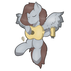 Size: 3000x3000 | Tagged: safe, artist:playful cinnamon, imported from derpibooru, oc, oc only, oc:blackened blue, pegasus, pony, digital art, eyes closed, flying, gift art, guitar, long mane, male, simple background, spread wings, transparent background, wings