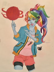 Size: 958x1280 | Tagged: safe, artist:candasaurus, imported from derpibooru, rainbow dash, equestria girls, ball, basketball, clothes, female, multicolored hair, solo, spinning, traditional art