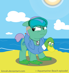 Size: 1281x1347 | Tagged: safe, artist:kinrah, imported from derpibooru, oc, oc only, oc:aquamarine tide, pony, atg 2017, beach, newbie artist training grounds, short mane, unimpressed, younger