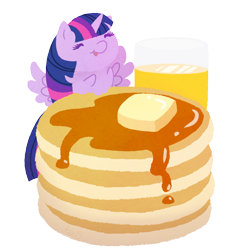 Size: 800x800 | Tagged: safe, artist:anzicorn, imported from derpibooru, twilight sparkle, alicorn, pony, chibi, cute, eyes closed, female, food, happy, pancakes, simple background, smiling, solo, spread wings, tiny, tiny ponies, transparent background, twiabetes, twilight sparkle (alicorn), wings