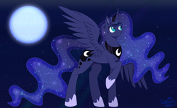 Size: 1280x785 | Tagged: safe, artist:katsuforov-chan, artist:shiiazu, imported from derpibooru, princess luna, alicorn, pony, clothes, colored pupils, crown, cutie mark, female, full body, full moon, galaxy mane, jewelry, mare, moon, night, night sky, raised hoof, regalia, shoes, sky, solo, sparkles, spread wings, stars, wings