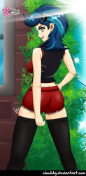 Size: 493x1000 | Tagged: safe, artist:clouddg, imported from derpibooru, indigo zap, equestria girls, ass, butt, clothes, female, human coloration, indiglute zap, midriff, rear view, sexy, shorts, solo, stockings, sunglasses, thigh highs