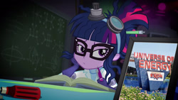 Size: 1920x1080 | Tagged: safe, edit, edited screencap, imported from derpibooru, screencap, sci-twi, twilight sparkle, eqg summertime shorts, equestria girls, mad twience, book, disney world, epcot, exploitable, laboratory, obligatory pony, sci-twi's portrait, universe of energy