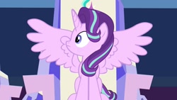 Size: 1920x1080 | Tagged: safe, artist:forgalorga, imported from derpibooru, starlight glimmer, alicorn, pony, alicornified, chair, female, friendship throne, frown, mare, race swap, sitting, solo, spread wings, starlicorn, throne, wide eyes, wings, xk-class end-of-the-world scenario, youtube link
