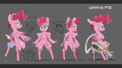 Size: 3000x1688 | Tagged: safe, artist:satv12, imported from derpibooru, pinkie pie, android, pony, robot, robot pony, bipedal, blushing, butt, concept art, female, lineless, plot, solo, weapon