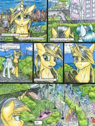 Size: 3000x4000 | Tagged: safe, artist:tillie-tmb, imported from derpibooru, derpy hooves, oc, oc only, oc:meadow lark, oc:tempest, earth pony, pony, unicorn, comic:the amulet of shades, cloak, clothes, comic, female, high res, manehattan, mare, traditional art
