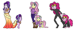 Size: 1284x526 | Tagged: safe, artist:patwhit01, imported from derpibooru, fluttershy, pinkie pie, starlight glimmer, earth pony, pegasus, pony, unicorn, equestria girls, catsuit, clothes, dress, human ponidox, pinkie spy, self ponidox, simple background, white background
