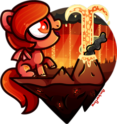 Size: 950x1006 | Tagged: safe, artist:amberpone, imported from derpibooru, oc, oc only, oc:spicy demon, demon, demon pony, pony, bat eyes, bat wings, big eyes, big head, black, bloodshot eyes, brown, cloud, commission, cute, cutie mark, eye, eyes, eyes open, fanart, fangs, female, fire, floating, floating island, happy, hell, hooves, lava, lighting, looking forward, mane, mare, open mouth, orange, original style, paint tool sai, painttoolsai, pegasister, red, red hair, red mane, rock, shading, simple background, sitting, slit eyes, slit pupils, smoke, spikes, tail, tongue out, transparent background, unshorn fetlocks, vein, volcano, wings, yellow