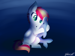 Size: 1024x768 | Tagged: safe, artist:wubcakeva, imported from derpibooru, oc, oc only, dolphin, pegasus, pony, female, gift art, mare, not rainbow dash, plushie, signature, solo