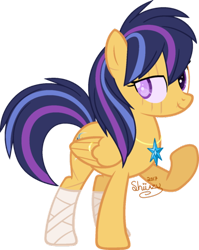 Size: 400x502 | Tagged: safe, artist:katsuforov-chan, artist:shiiazu, imported from derpibooru, oc, oc only, oc:nova star sparkle, pegasus, pony, bandage, base used, blind, blind eye, colored pupils, cutie mark, element of magic, female, jewelry, mare, necklace, next generation, offspring, parent:flash sentry, parent:twilight sparkle, parents:flashlight, ring, royal guard, scar, shield, simple background, solo, transparent background