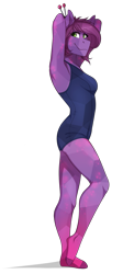 Size: 673x1500 | Tagged: safe, artist:harmoniousrain, deleted from derpibooru, imported from derpibooru, oc, oc only, oc:amethyst rose, anthro, crystal pony, unguligrade anthro, anthro oc, armpits, breasts, clothes, commission, female, mare, one-piece swimsuit, sukumizu, swimsuit