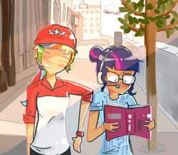 Size: 1281x1119 | Tagged: safe, artist:noahther, imported from derpibooru, rainbow dash, sci-twi, twilight sparkle, human, eqg summertime shorts, equestria girls, book, building, canterlot city, city, clothes, eyes closed, female, glasses, hat, headset, humanized, lesbian, scitwidash, shipping, shirt, street, tree, twidash