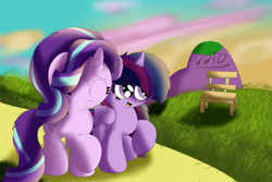 Size: 3647x2434 | Tagged: safe, artist:bronybehindthedoor, imported from derpibooru, starlight glimmer, twilight sparkle, alicorn, pony, unicorn, bench, duo, eyes closed, raised hoof, smiling, twilight sparkle (alicorn)
