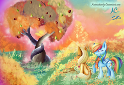 Size: 1024x704 | Tagged: safe, artist:animechristy, imported from derpibooru, part of a set, applejack, rainbow dash, earth pony, pegasus, pony, the perfect pear, autumn, clothes, eyes closed, female, mare, sad, scarf, sitting, tree