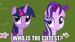 Size: 730x410 | Tagged: safe, edit, edited screencap, imported from derpibooru, screencap, starlight glimmer, twilight sparkle, alicorn, pony, unicorn, fame and misfortune, argument in the comments, bronybait, c:, cute, debate in the comments, discovery family logo, female, glimmerbetes, looking up, mare, meme, raised hoof, sitting, smiling, twiabetes, twilight sparkle (alicorn)