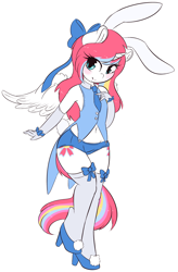 Size: 2932x4464 | Tagged: safe, artist:wickedsilly, imported from derpibooru, oc, oc only, oc:nekonin, alicorn, anthro, unguligrade anthro, alicorn oc, anthro oc, belly button, bunny ears, clothes, crossover, femboy, high heels, male, necktie, patreon reward, ro-kyu-bu!, shoes, simple background, smiling, socks, solo, thigh highs, vest