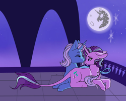 Size: 1000x800 | Tagged: safe, artist:uniquecolorchaos, imported from derpibooru, starlight glimmer, trixie, classical unicorn, pony, unicorn, duo, female, leonine tail, lesbian, mare, mare in the moon, moon, shipping, startrix, unshorn fetlocks